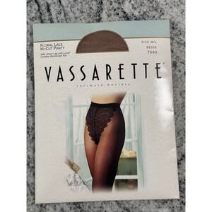 Vassarette Floral Lace Hi-Cut Pantyhose Silky Sheer Beige M/L Intimate Hosiery